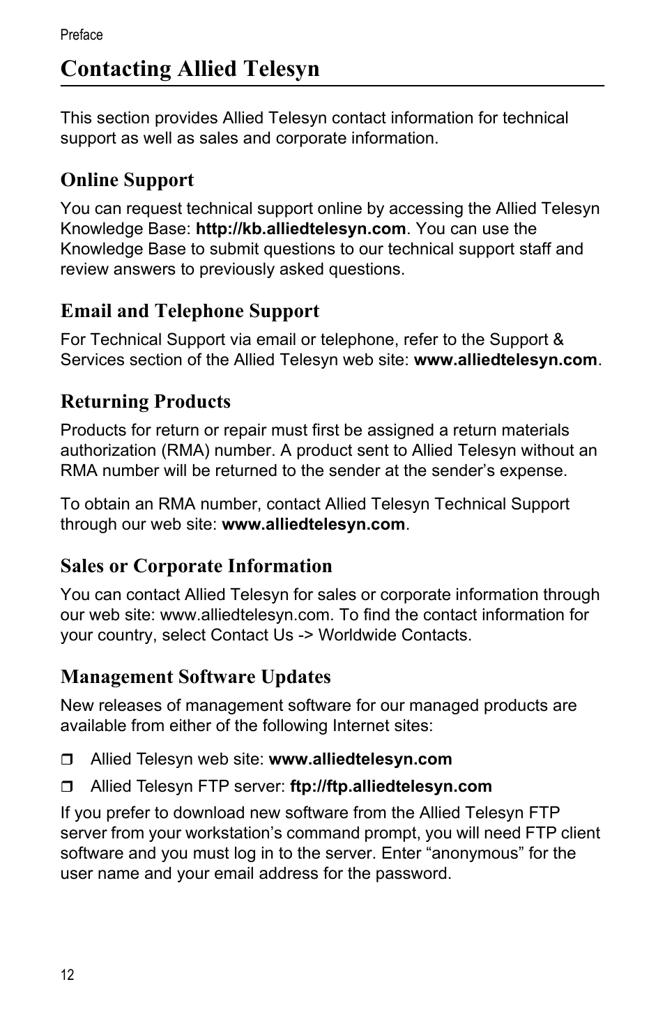 Contacting allied telesyn, Online support, Email and telephone support | Returning products, Sales or corporate information, Management software updates | Allied Telesis AT-MC1008/SP User Manual | Page 12 / 92