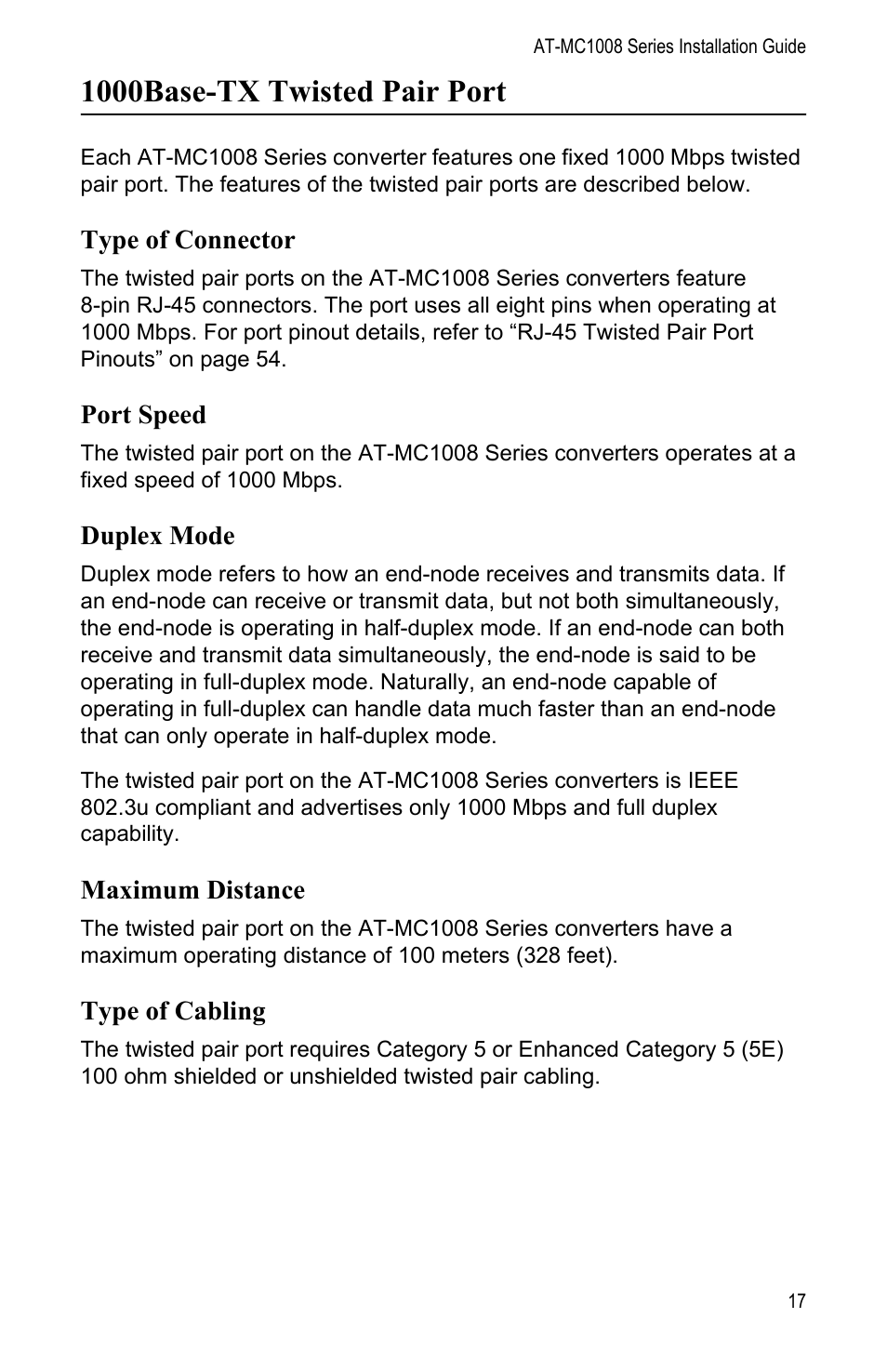 1000base-tx twisted pair port, Type of connector, Port speed | Duplex mode, Maximum distance, Type of cabling | Allied Telesis AT-MC1008/SP User Manual | Page 17 / 92