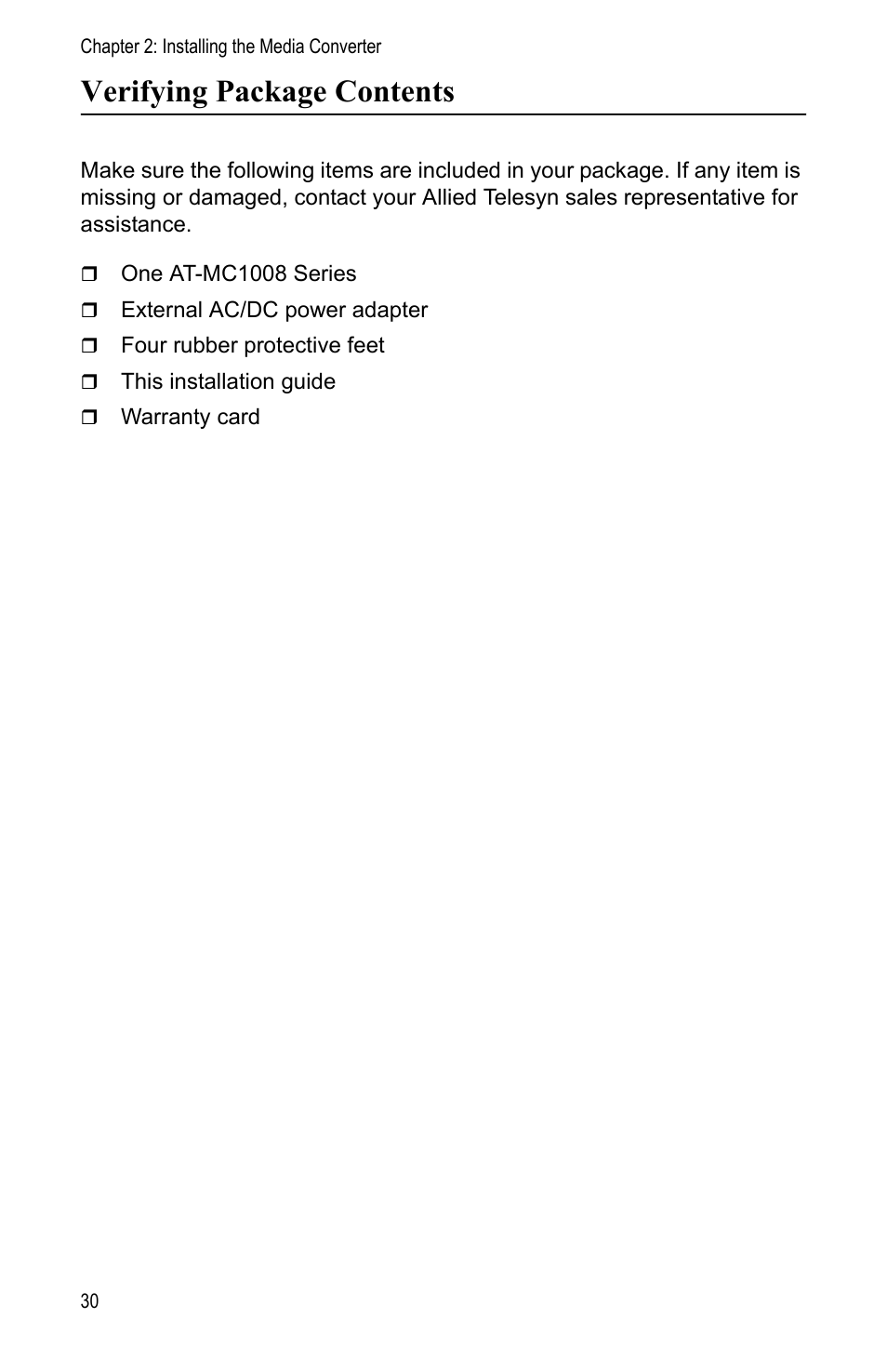 Verifying package contents | Allied Telesis AT-MC1008/SP User Manual | Page 30 / 92