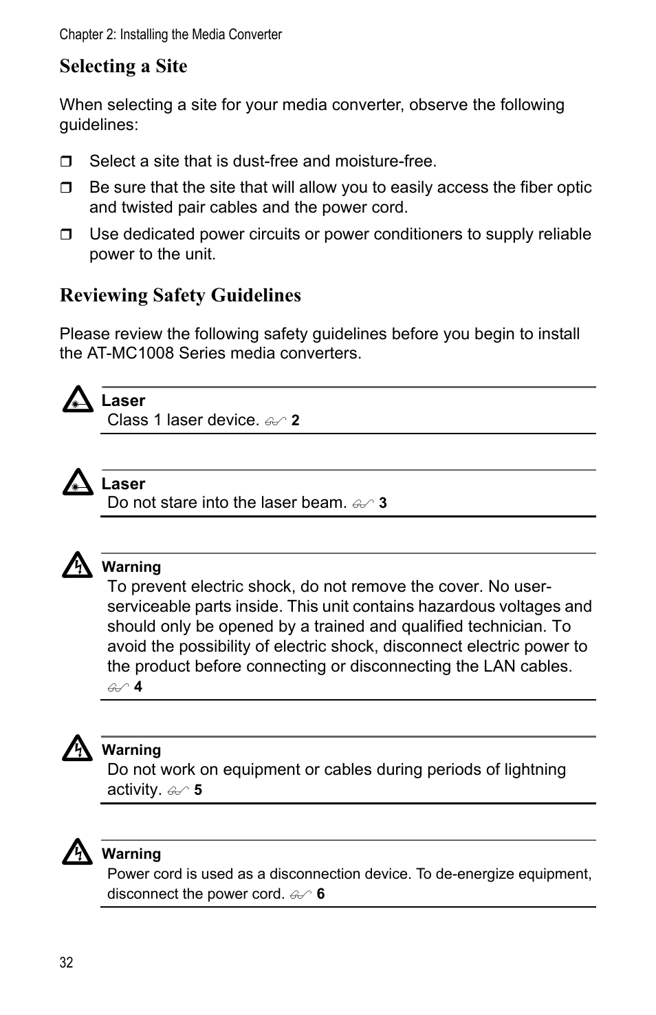 Selecting a site, Reviewing safety guidelines | Allied Telesis AT-MC1008/SP User Manual | Page 32 / 92