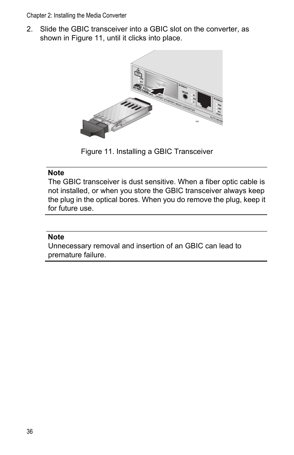 Chapter 2: installing the media converter 36 | Allied Telesis AT-MC1008/SP User Manual | Page 36 / 92