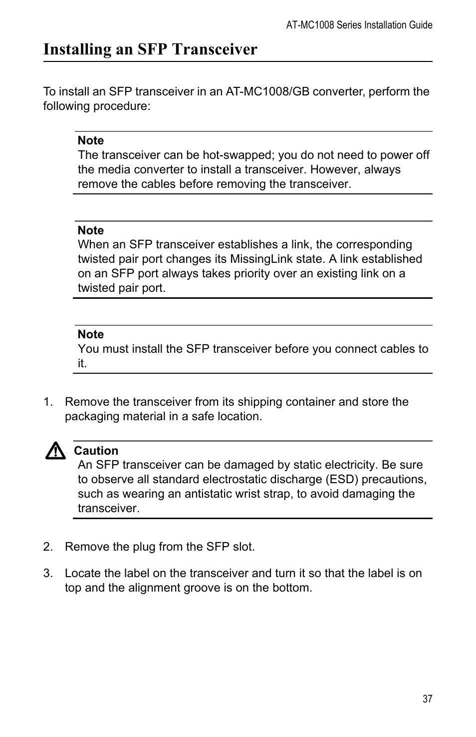 Installing an sfp transceiver | Allied Telesis AT-MC1008/SP User Manual | Page 37 / 92