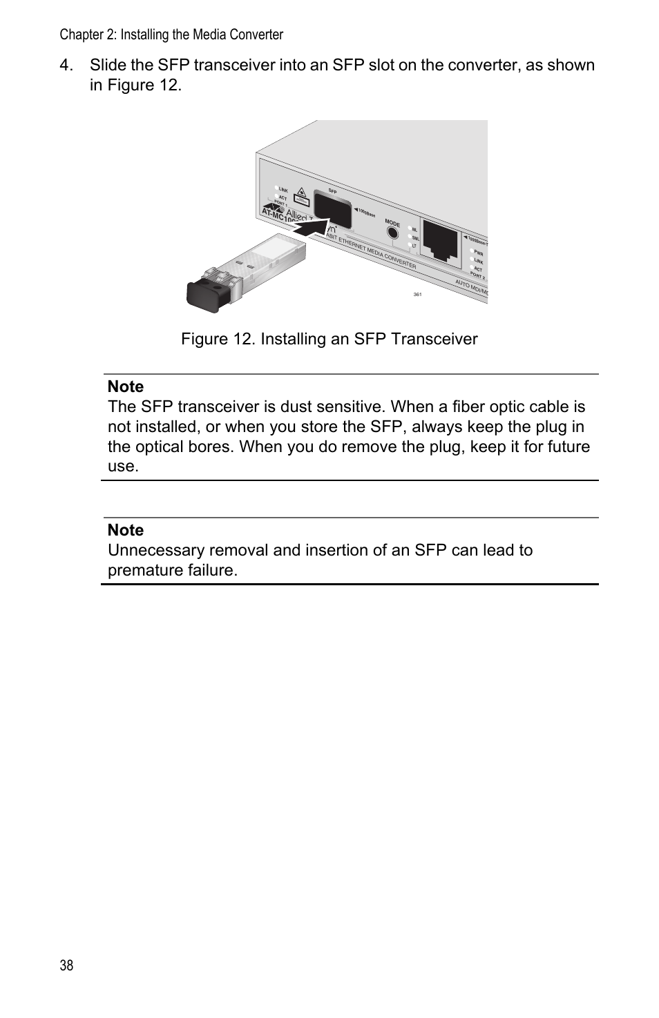 Chapter 2: installing the media converter 38 | Allied Telesis AT-MC1008/SP User Manual | Page 38 / 92