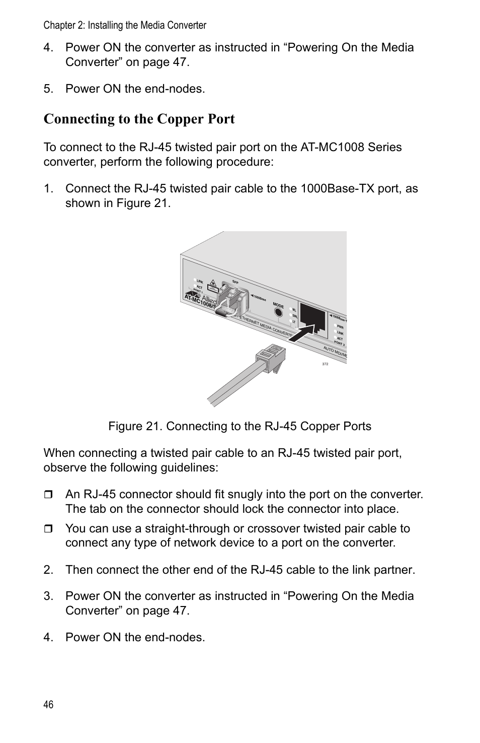 Connecting to the copper port, Chapter 2: installing the media converter 46 | Allied Telesis AT-MC1008/SP User Manual | Page 46 / 92