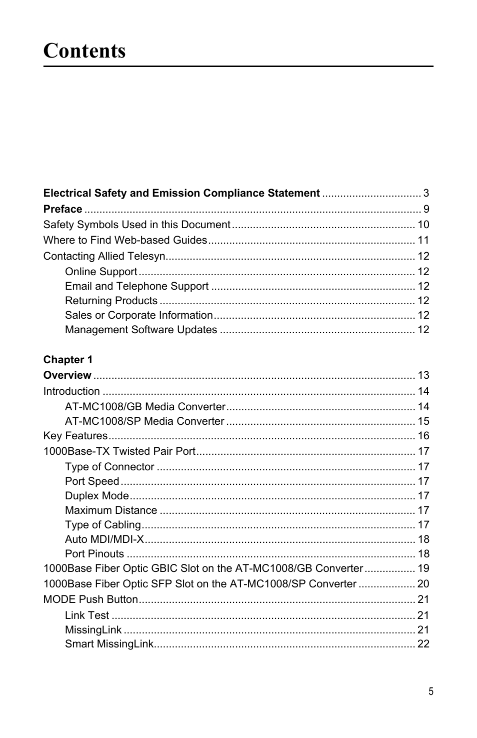 Allied Telesis AT-MC1008/SP User Manual | Page 5 / 92