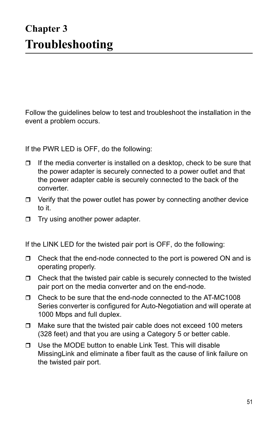 Chapter 3, Troubleshooting | Allied Telesis AT-MC1008/SP User Manual | Page 51 / 92