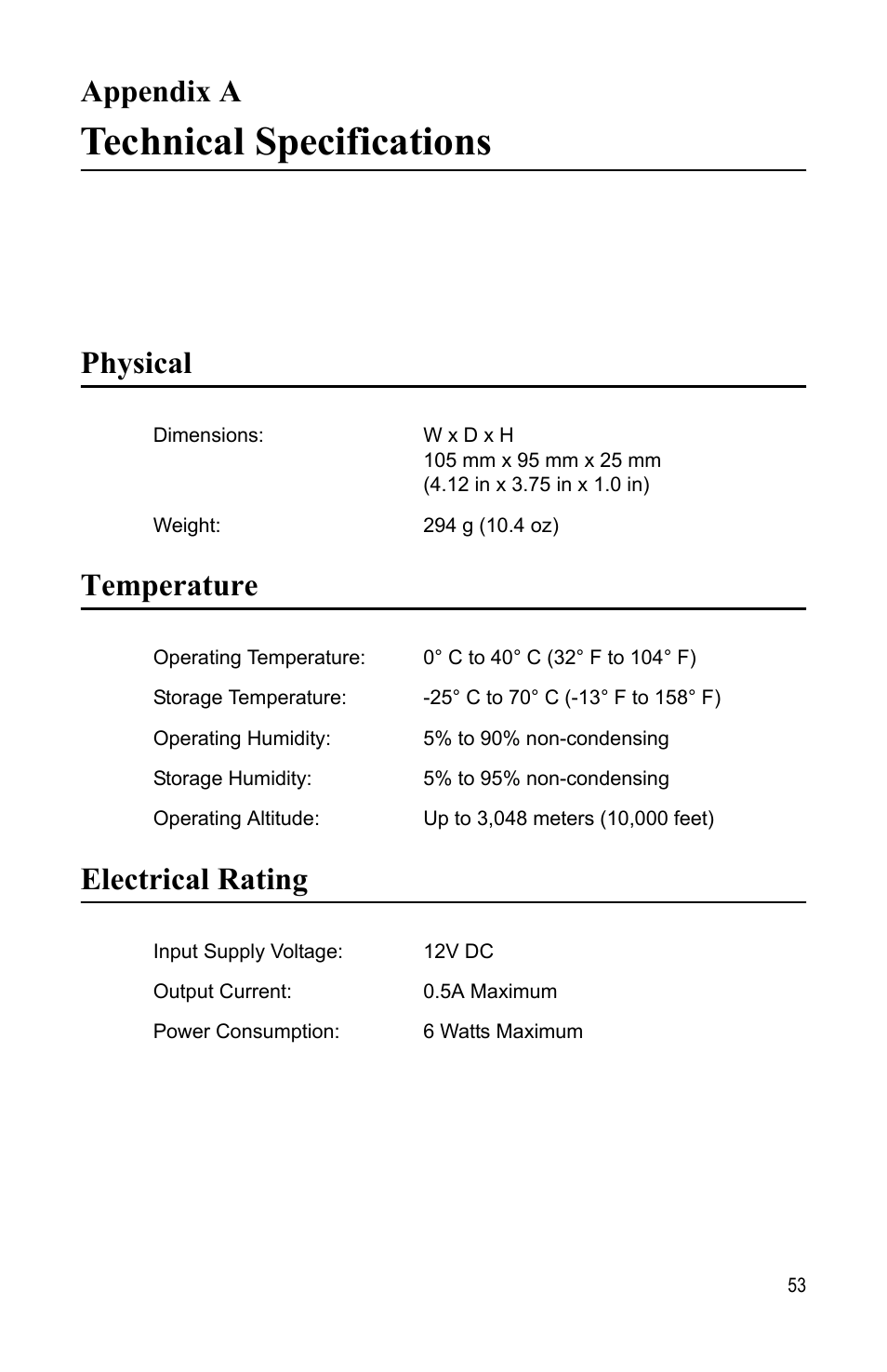 Appendix a, Technical specifications, Physical | Temperature, Electrical rating | Allied Telesis AT-MC1008/SP User Manual | Page 53 / 92