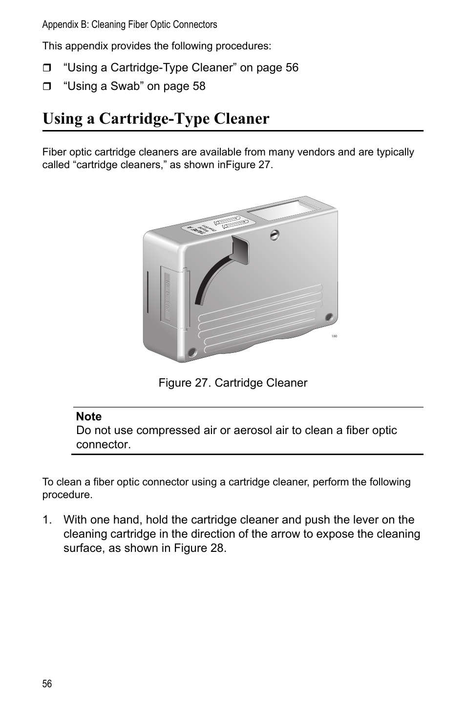 Using a cartridge-type cleaner, Using a cartridge-type cleaner” on page 56, Using a swab” on page 58 | Allied Telesis AT-MC1008/SP User Manual | Page 56 / 92