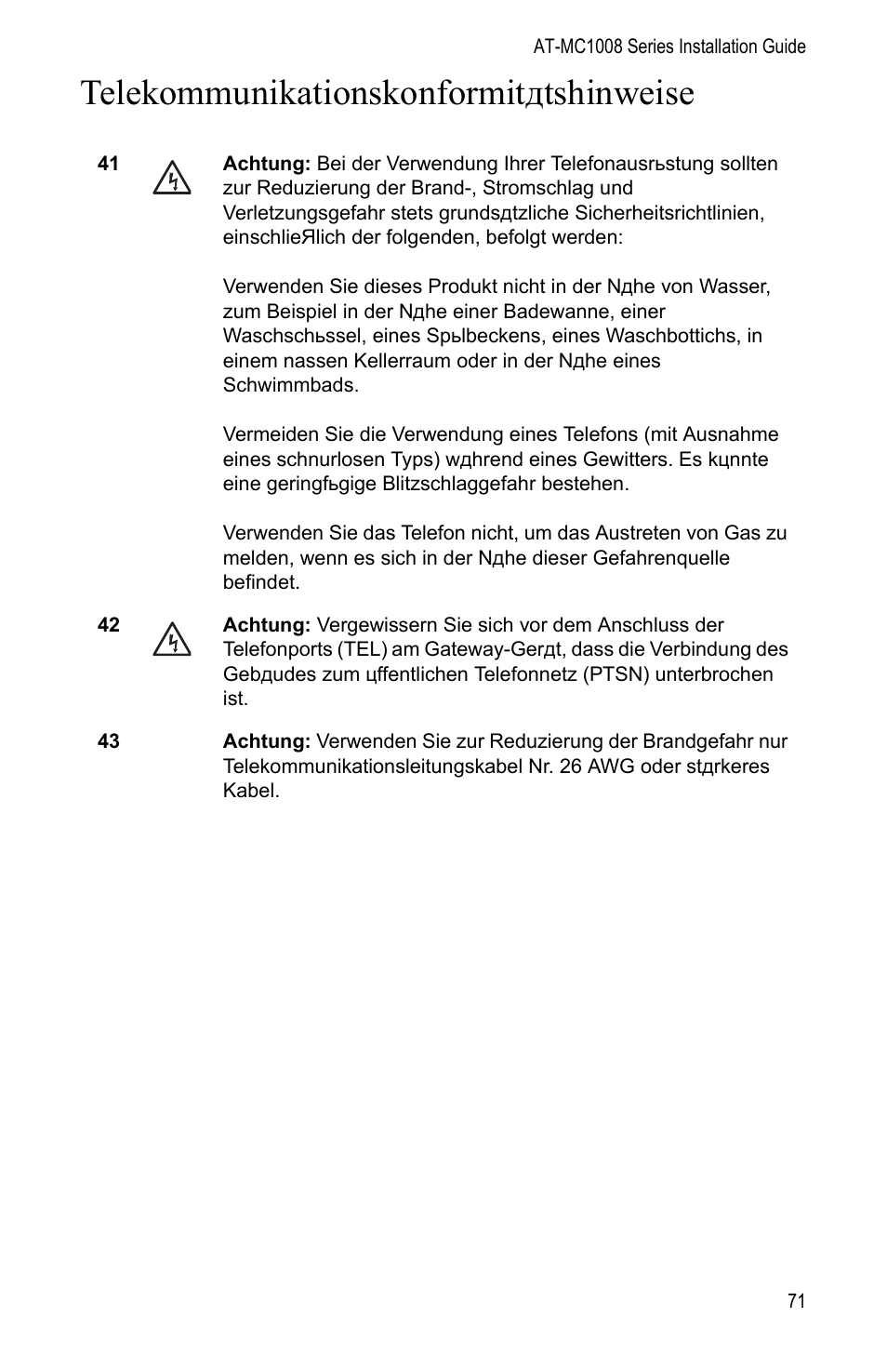 Telekommunikationskonformitätshinweise, Telekommunikationskonformitдtshinweise | Allied Telesis AT-MC1008/SP User Manual | Page 71 / 92