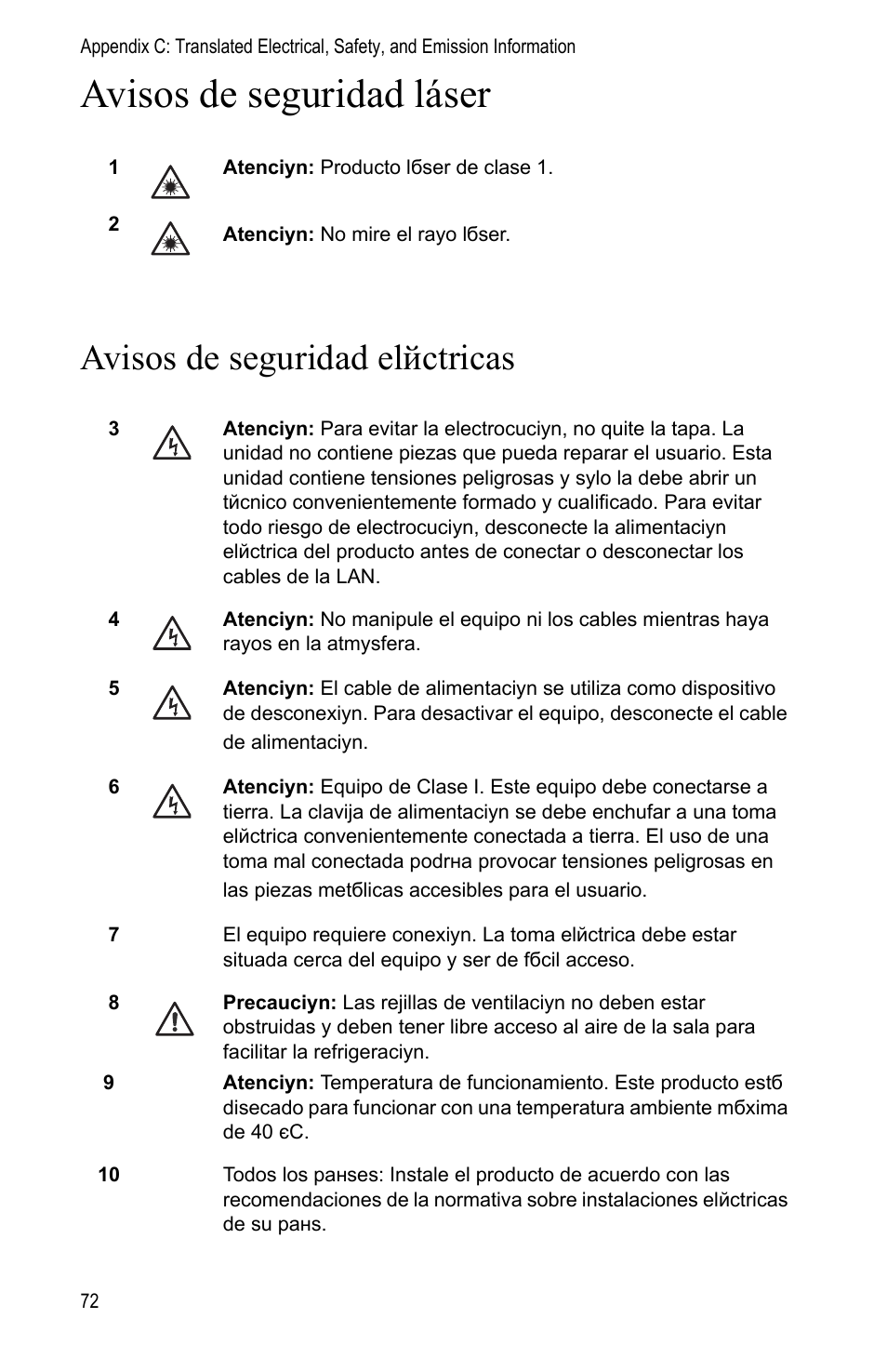 Avisos de seguridad eléctricas, Avisos de seguridad láser, Avisos de seguridad elйctricas | Allied Telesis AT-MC1008/SP User Manual | Page 72 / 92