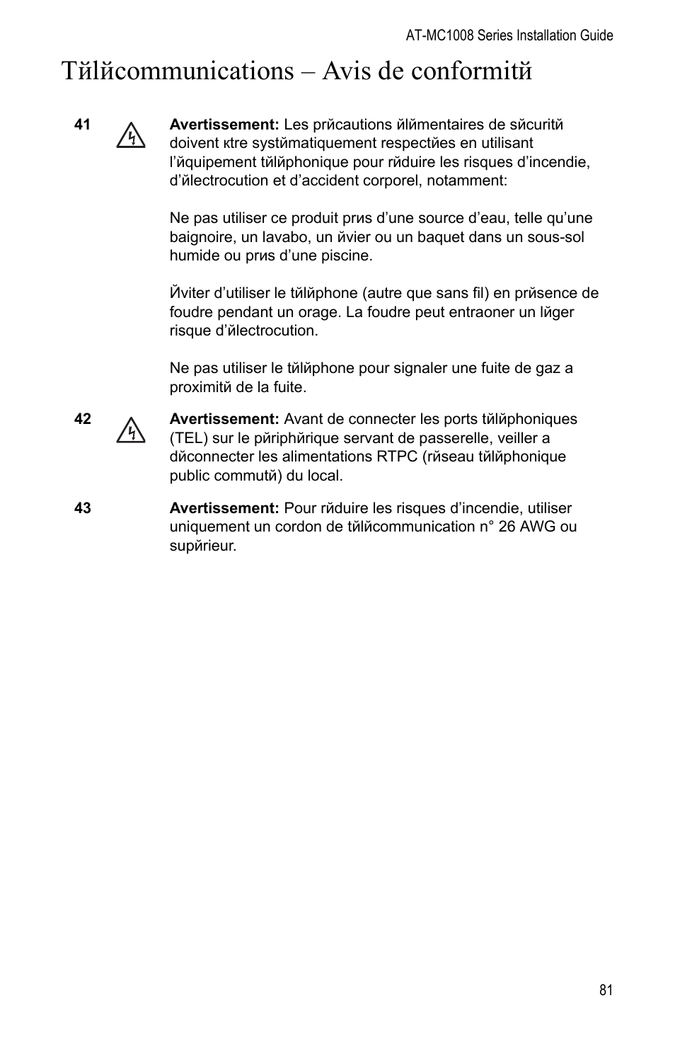 Télécommunications - avis de conformité, Tйlйcommunications – avis de conformitй | Allied Telesis AT-MC1008/SP User Manual | Page 81 / 92