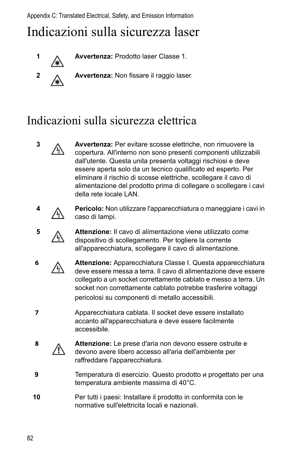 Indicazioni sulla sicurezza elettrica, Indicazioni sulla sicurezza laser | Allied Telesis AT-MC1008/SP User Manual | Page 82 / 92