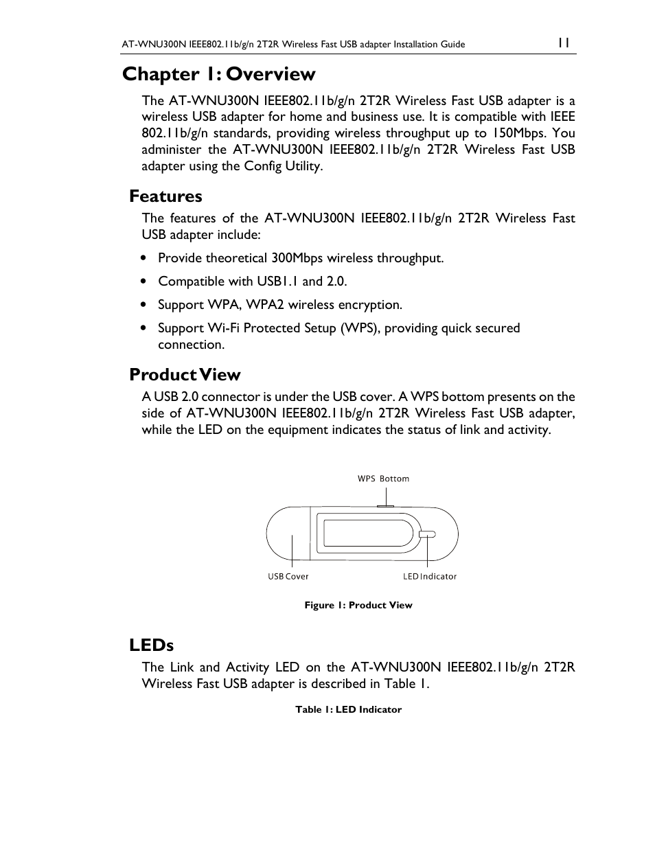 Chapter 1: overview, Features, Product view | Leds | Allied Telesis AT-WNU300N User Manual | Page 11 / 20