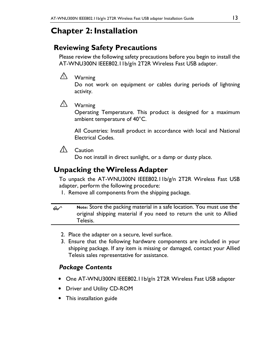 Chapter 2: installation, Reviewing safety precautions, Unpacking the wireless adapter | Allied Telesis AT-WNU300N User Manual | Page 13 / 20