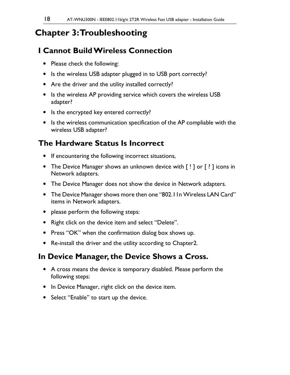 Chapter 3: troubleshooting, I cannot build wireless connection, The hardware status is incorrect | Allied Telesis AT-WNU300N User Manual | Page 18 / 20