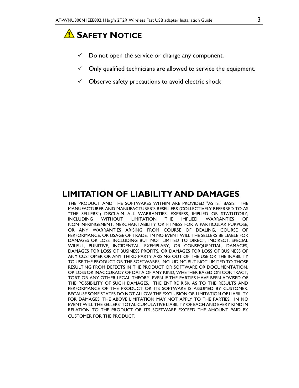 Limitation of liability and damages, Afety, Otice | Allied Telesis AT-WNU300N User Manual | Page 3 / 20