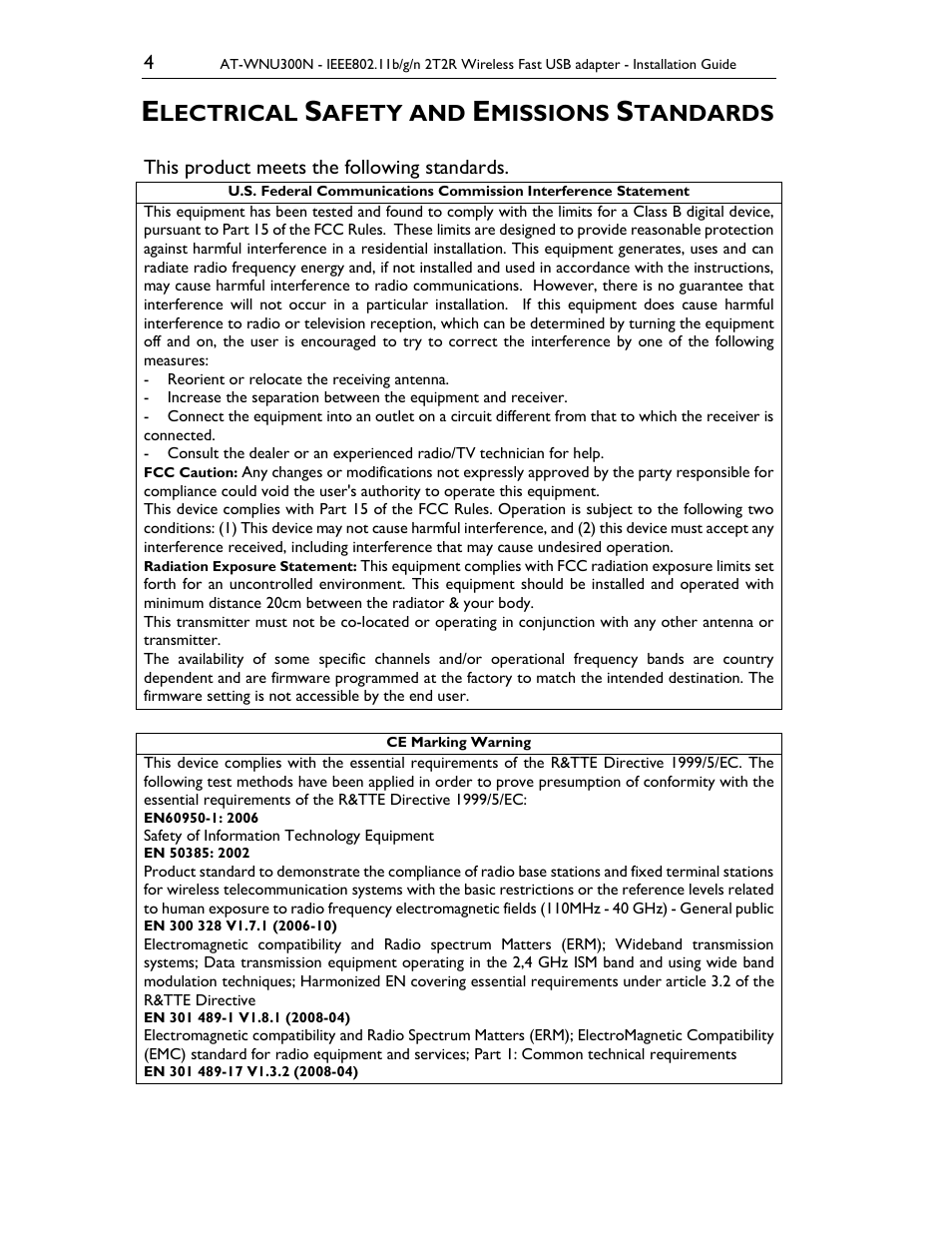 Lectrical, Afety and, Missions | Tandards | Allied Telesis AT-WNU300N User Manual | Page 4 / 20