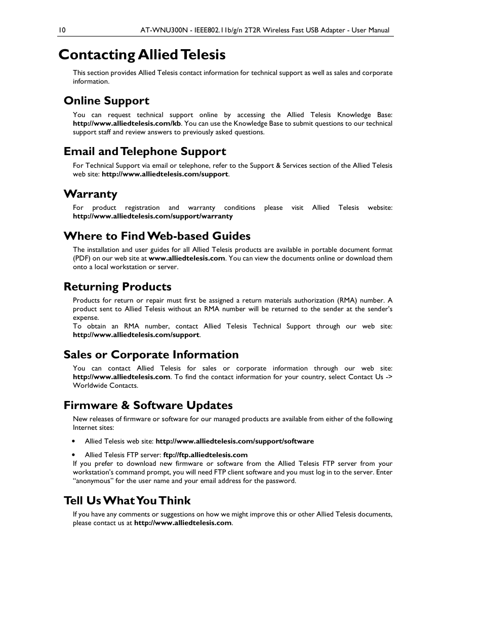 Contacting allied telesis, Online support, Email and telephone support | Warranty, Where to find web-based guides, Returning products, Sales or corporate information, Firmware & software updates, Tell us what you think | Allied Telesis AT-WNU300N User Manual | Page 10 / 39