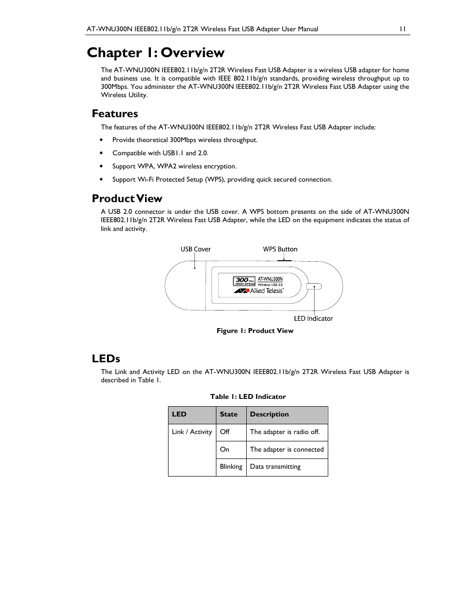 Chapter 1: overview, Features, Product view | Leds | Allied Telesis AT-WNU300N User Manual | Page 11 / 39