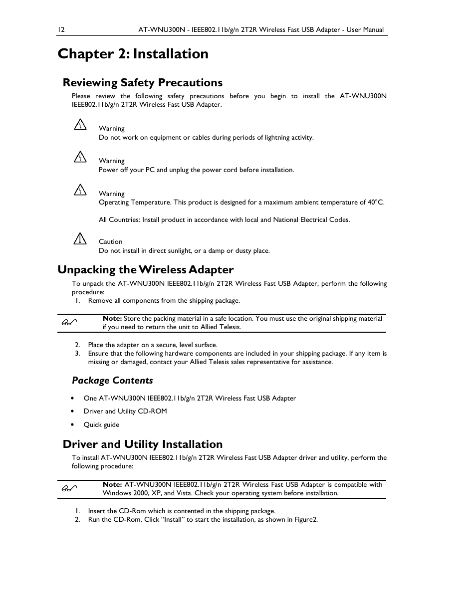 Chapter 2: installation, Reviewing safety precautions, Unpacking the wireless adapter | Driver and utility installation, Package contents | Allied Telesis AT-WNU300N User Manual | Page 12 / 39
