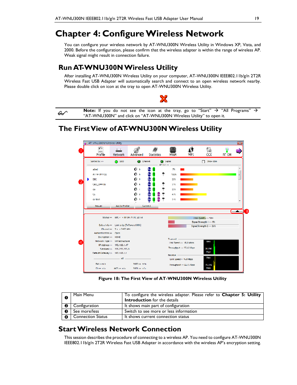Chapter 4: configure wireless network, Run at-wnu300n wireless utility, The first view of at-wnu300n wireless utility | Start wireless network connection | Allied Telesis AT-WNU300N User Manual | Page 19 / 39