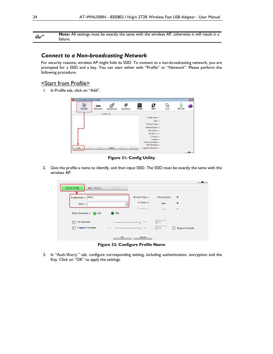 Connect to a non-broadcasting network, Start from profile | Allied Telesis AT-WNU300N User Manual | Page 24 / 39