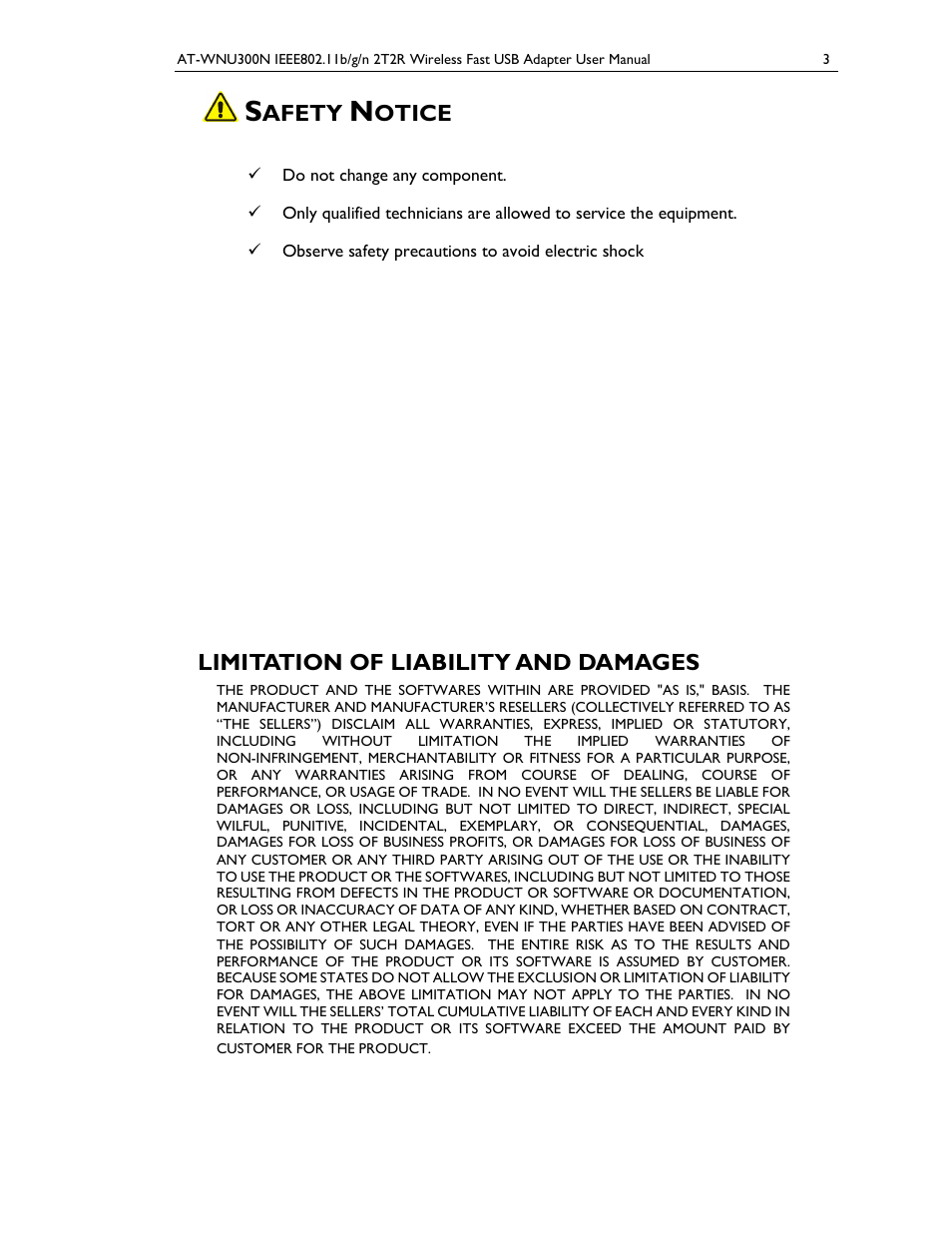 Afety, Otice, Limitation of liability and damages | Allied Telesis AT-WNU300N User Manual | Page 3 / 39