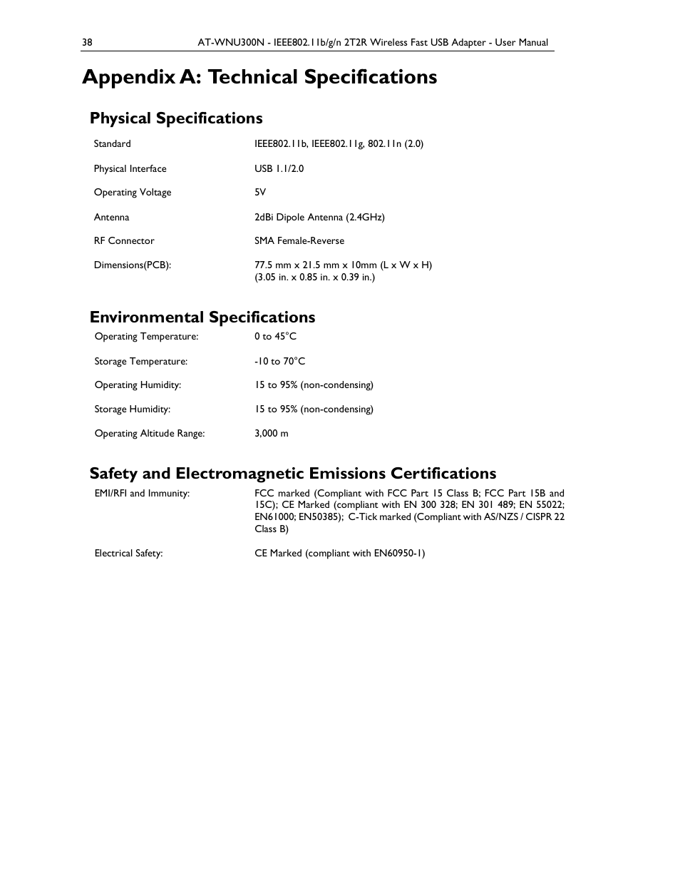 Appendix a: technical specifications, Physical specifications, Environmental specifications | Allied Telesis AT-WNU300N User Manual | Page 38 / 39