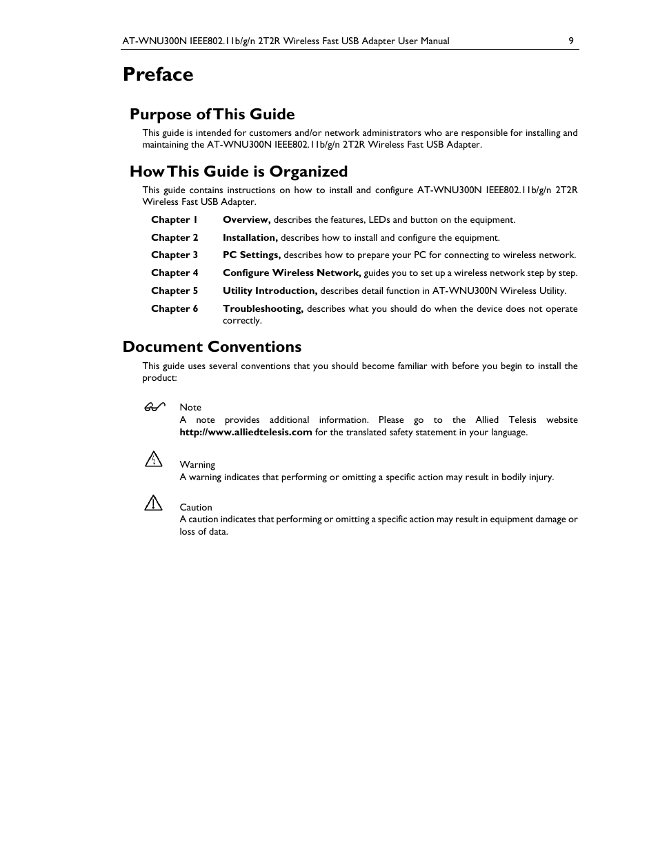 Preface, Purpose of this guide, How this guide is organized | Document conventions | Allied Telesis AT-WNU300N User Manual | Page 9 / 39