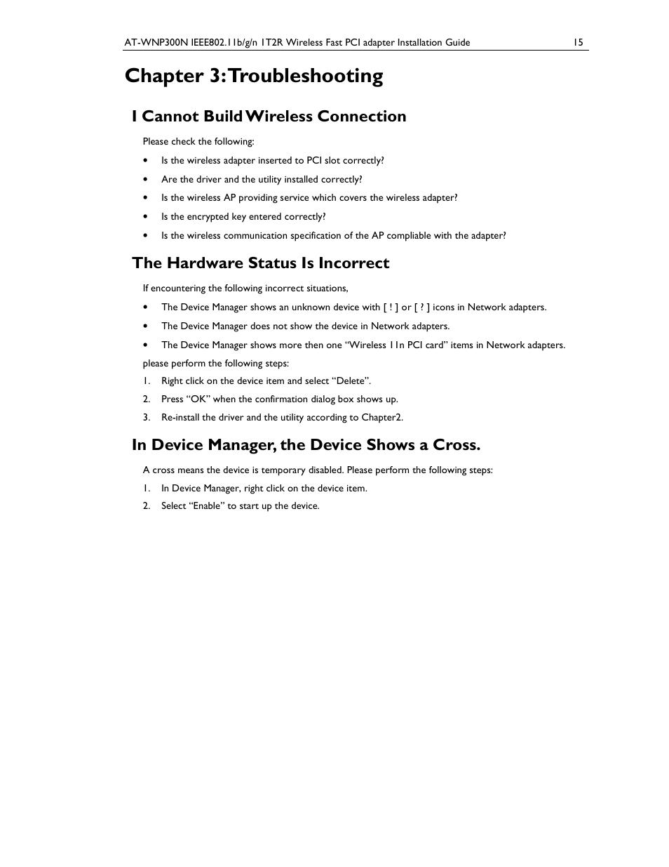 Chapter 3: troubleshooting, I cannot build wireless connection, The hardware status is incorrect | Allied Telesis AT-WNP300N User Manual | Page 15 / 17