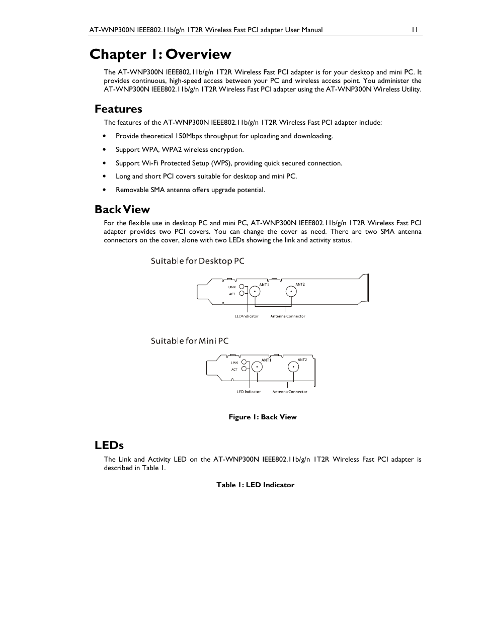 Chapter 1: overview, Features, Back view | Leds | Allied Telesis AT-WNP300N User Manual | Page 11 / 38