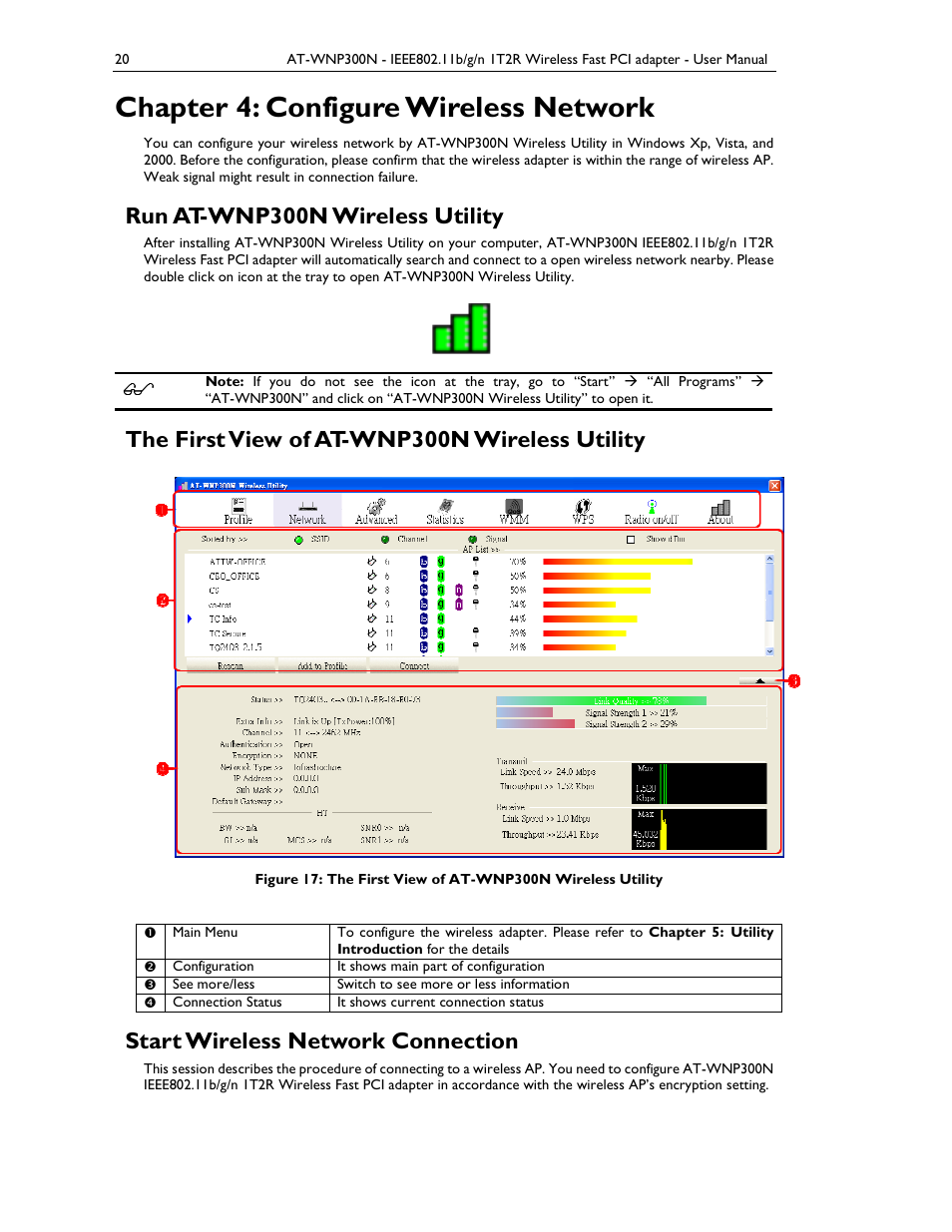 Chapter 4: configure wireless network, Run at-wnp300n wireless utility, The first view of at-wnp300n wireless utility | Start wireless network connection | Allied Telesis AT-WNP300N User Manual | Page 20 / 38