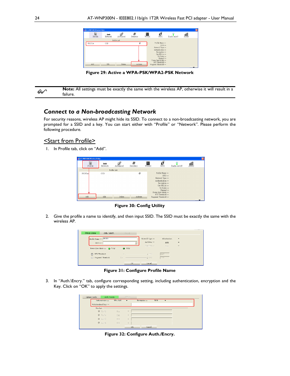 Connect to a non-broadcasting network, Start from profile | Allied Telesis AT-WNP300N User Manual | Page 24 / 38