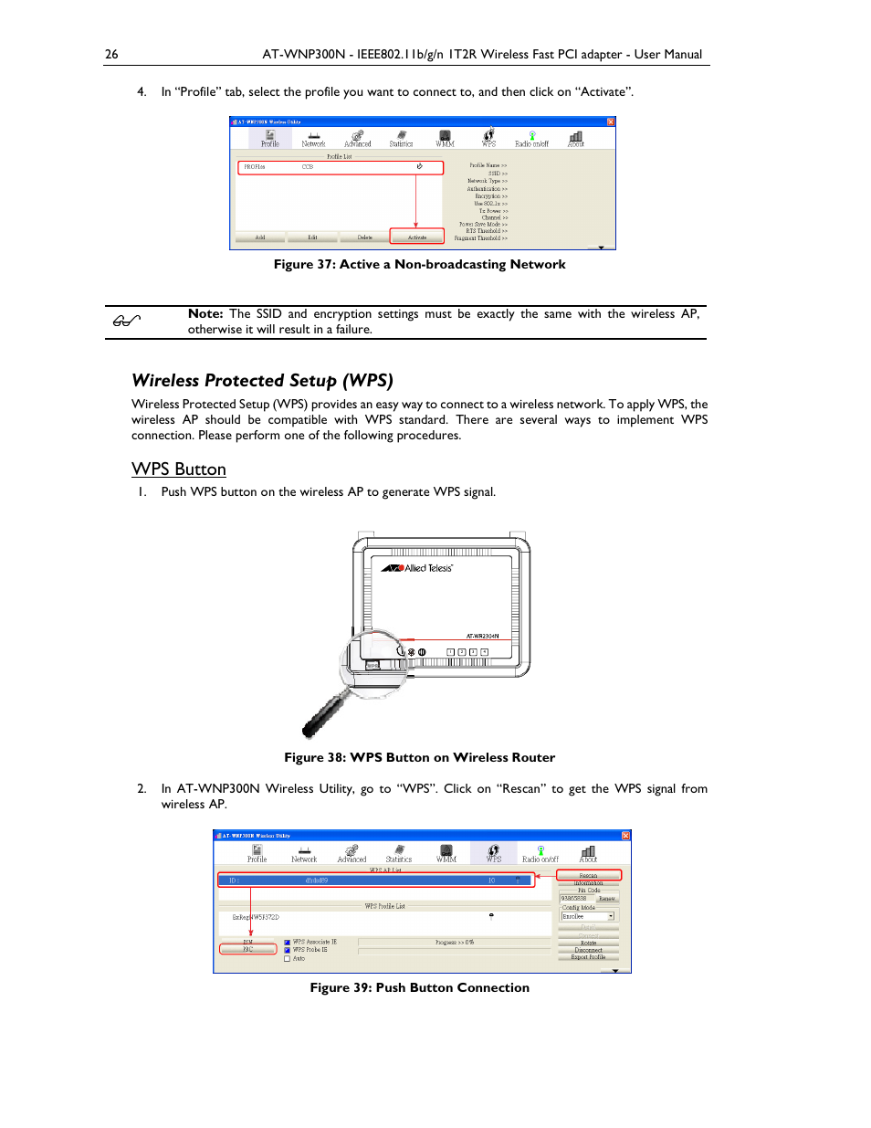 Wireless protected setup (wps), Wps button | Allied Telesis AT-WNP300N User Manual | Page 26 / 38