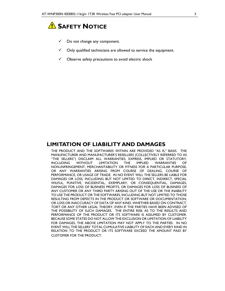 Afety, Otice, Limitation of liability and damages | Allied Telesis AT-WNP300N User Manual | Page 3 / 38