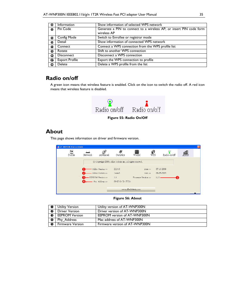 Radio on/off, About | Allied Telesis AT-WNP300N User Manual | Page 35 / 38