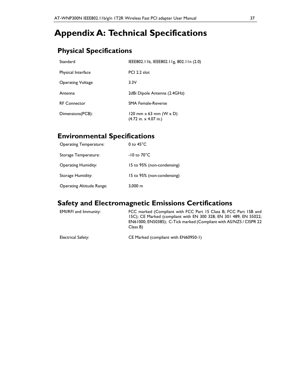 Appendix a: technical specifications, Physical specifications, Environmental specifications | Allied Telesis AT-WNP300N User Manual | Page 37 / 38