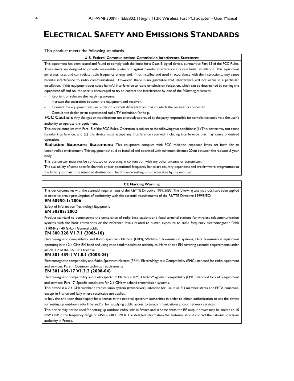 Lectrical, Afety and, Missions | Tandards | Allied Telesis AT-WNP300N User Manual | Page 4 / 38