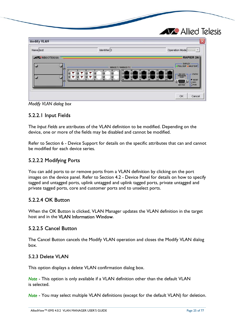 1 input fields, 2 modifying ports, 4 ok button | 5 cancel button | Allied Telesis AlliedView-EMS 4.0.2 VLAN-Manager User Manual | Page 25 / 77
