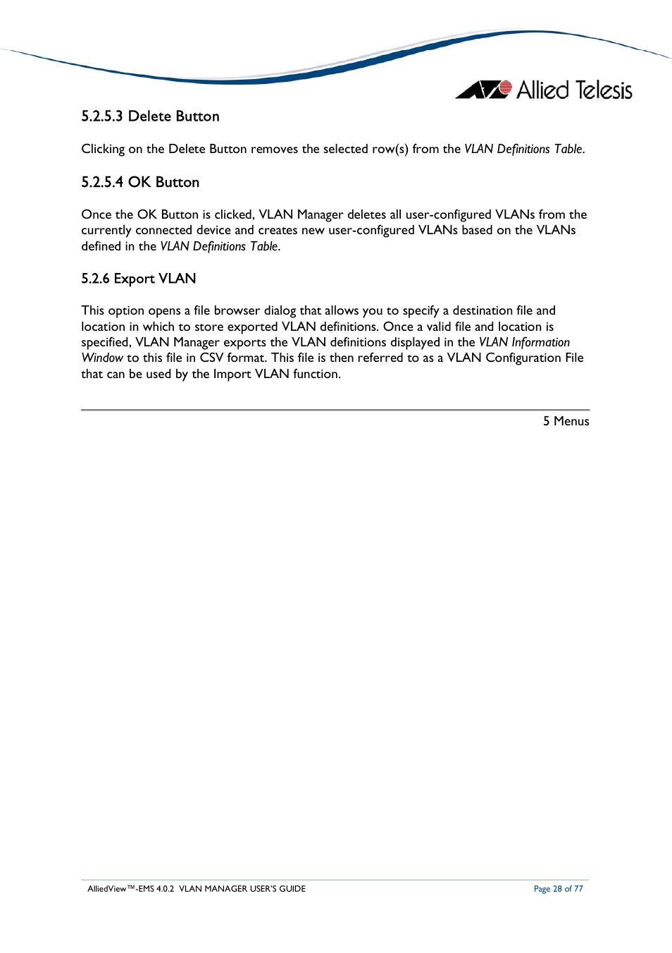 3 delete button, 4 ok button, 6 export vlan | Allied Telesis AlliedView-EMS 4.0.2 VLAN-Manager User Manual | Page 28 / 77