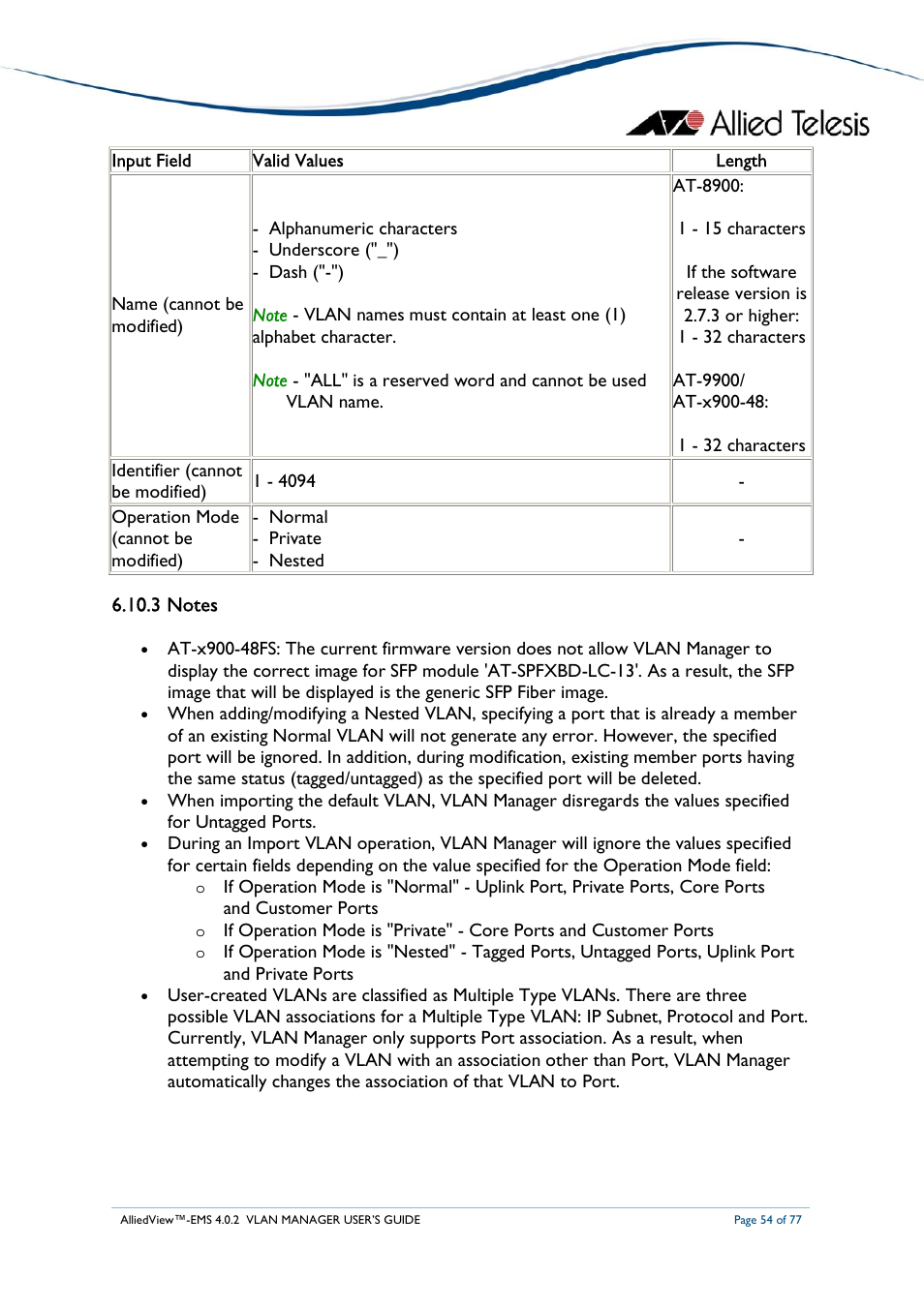 Allied Telesis AlliedView-EMS 4.0.2 VLAN-Manager User Manual | Page 54 / 77