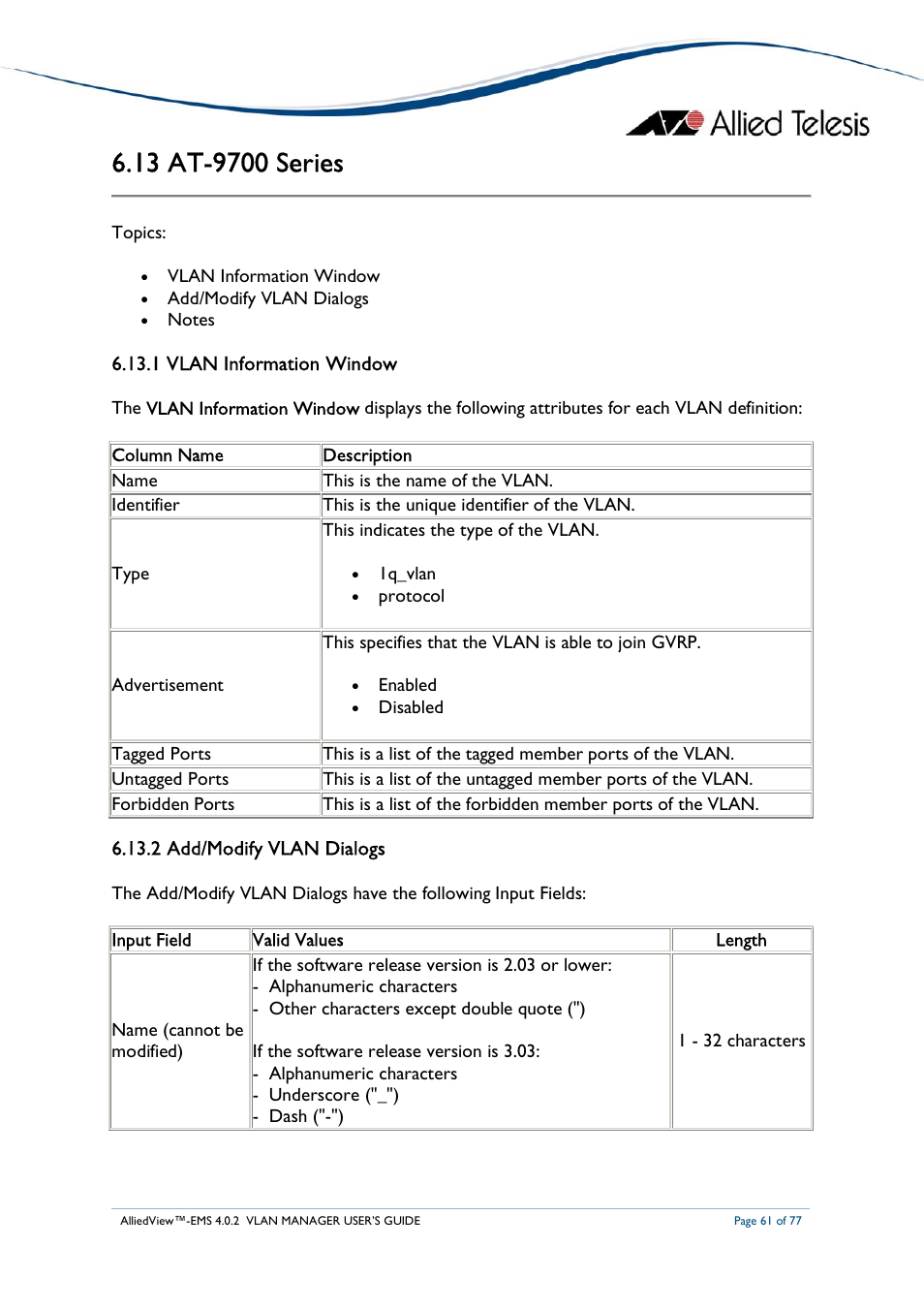 Allied Telesis AlliedView-EMS 4.0.2 VLAN-Manager User Manual | Page 61 / 77