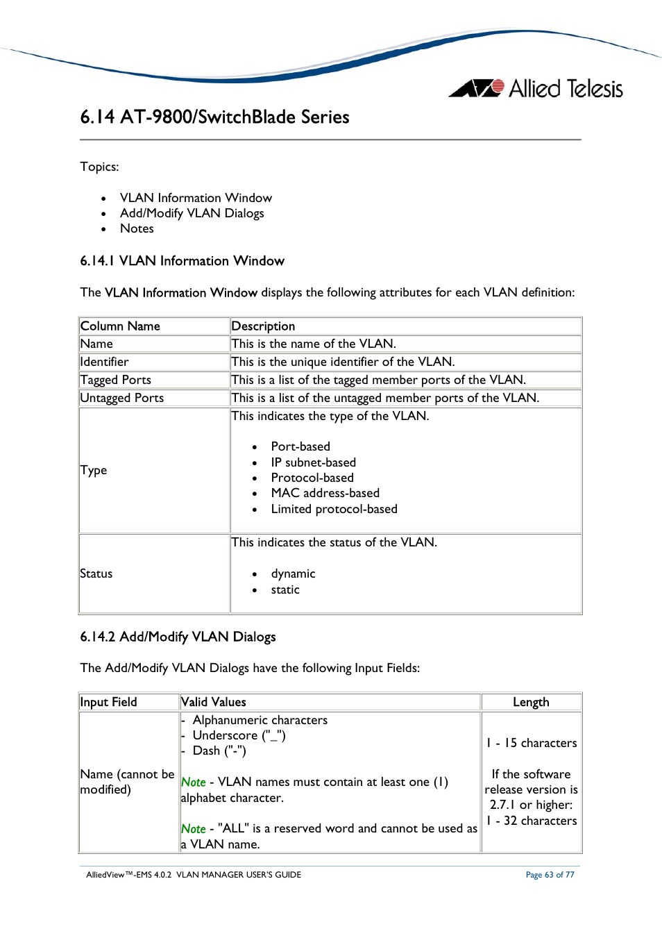 Allied Telesis AlliedView-EMS 4.0.2 VLAN-Manager User Manual | Page 63 / 77