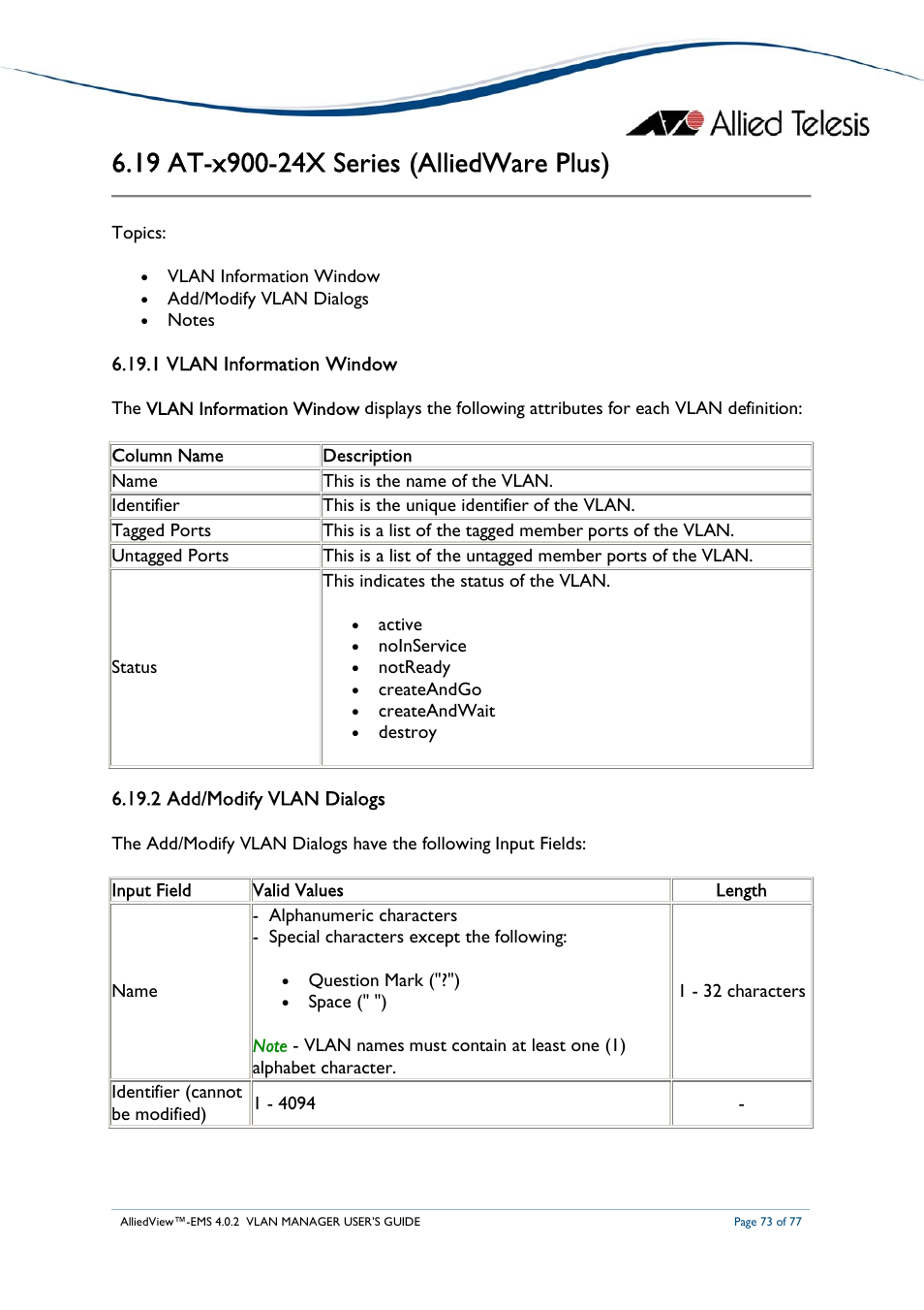 Allied Telesis AlliedView-EMS 4.0.2 VLAN-Manager User Manual | Page 73 / 77