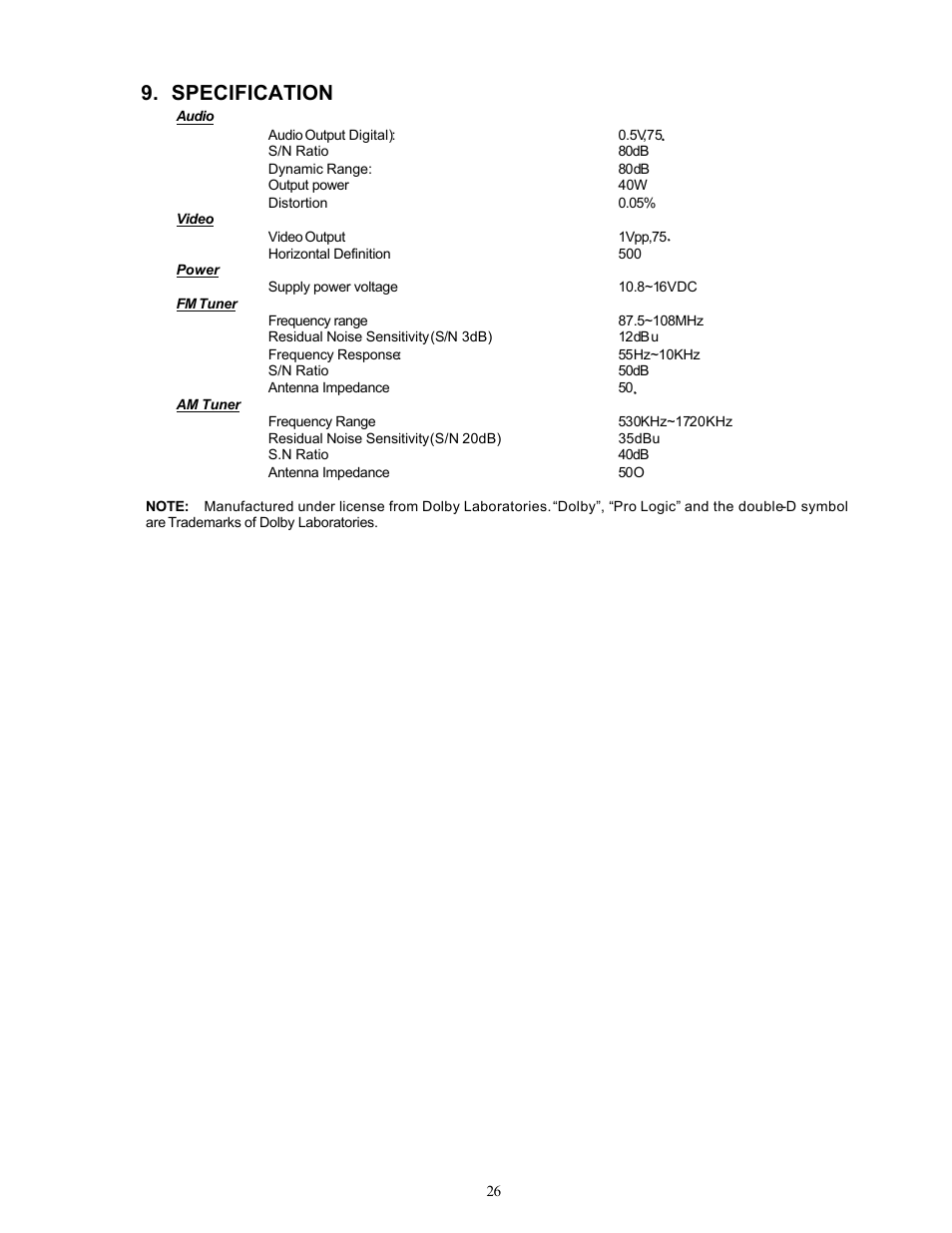 Specification | Audiovox PAV-8000D User Manual | Page 27 / 30