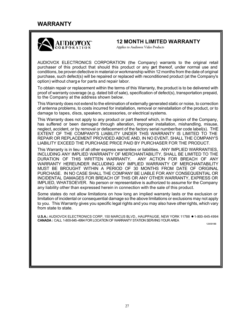 Warranty, 12 month limited warranty | Audiovox PAV-8000D User Manual | Page 28 / 30