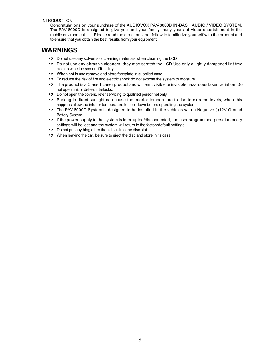 Warnings | Audiovox PAV-8000D User Manual | Page 6 / 30