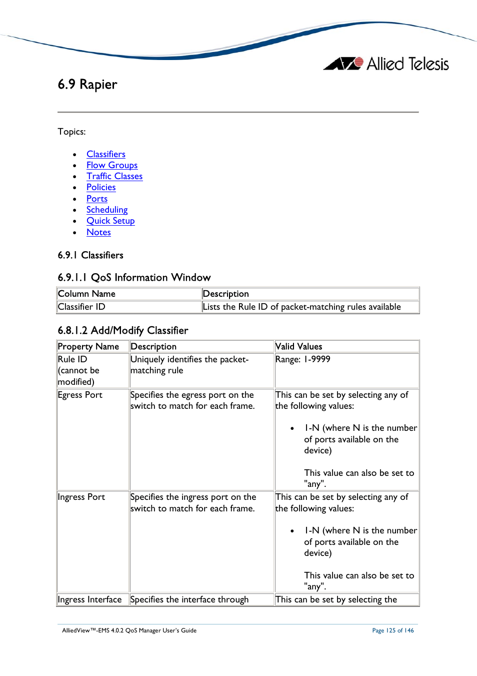 9 rapier, 1 qos information window, 2 add/modify classifier | Allied Telesis AlliedView-EMS 4.0.2 QoS-Manager User Manual | Page 125 / 146