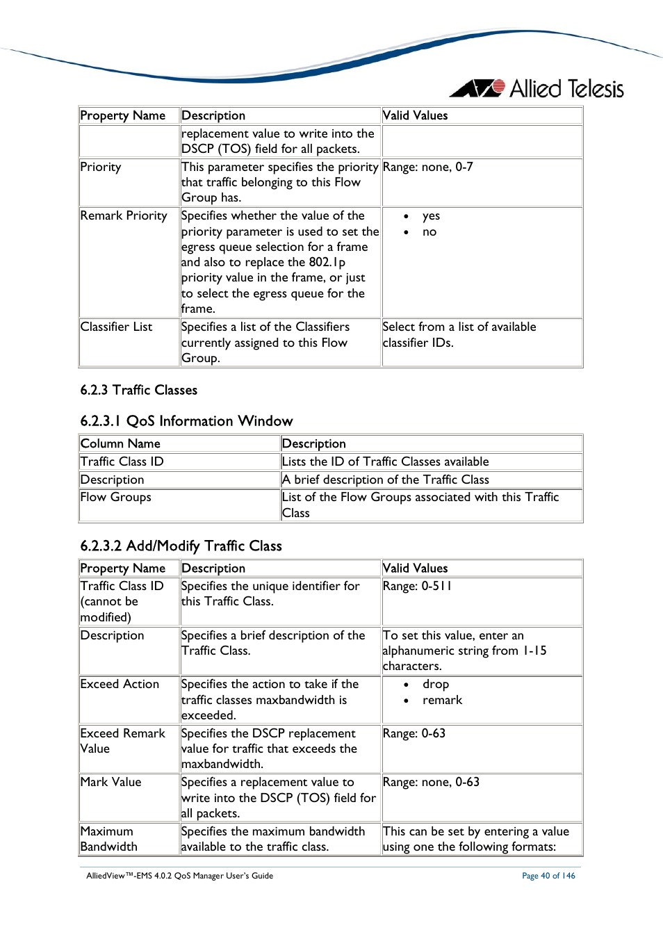 1 qos information window, 2 add/modify traffic class | Allied Telesis AlliedView-EMS 4.0.2 QoS-Manager User Manual | Page 40 / 146