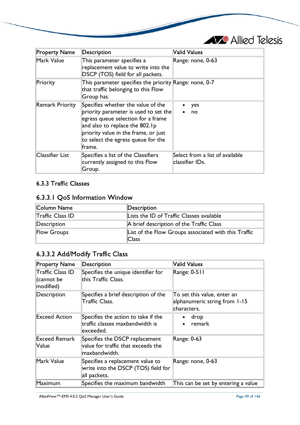 1 qos information window, 2 add/modify traffic class | Allied Telesis AlliedView-EMS 4.0.2 QoS-Manager User Manual | Page 49 / 146